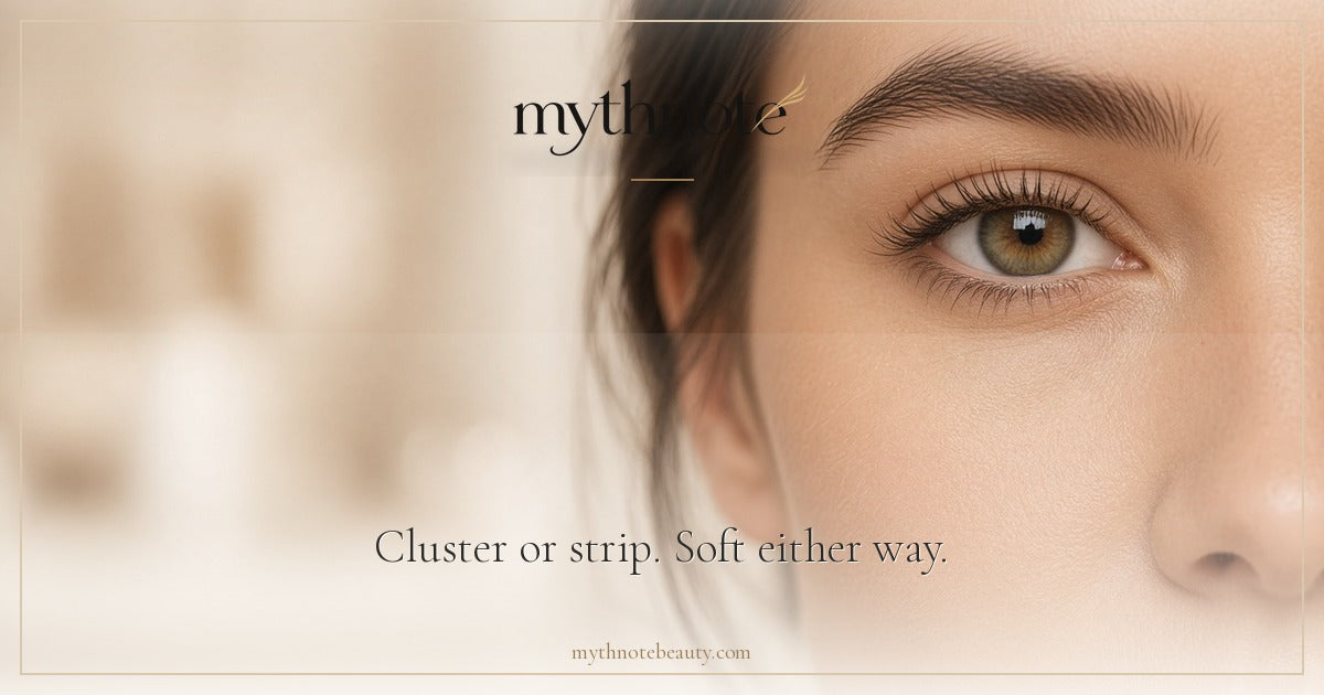 mythnote cluster lashes versus strip lashes eye close-up